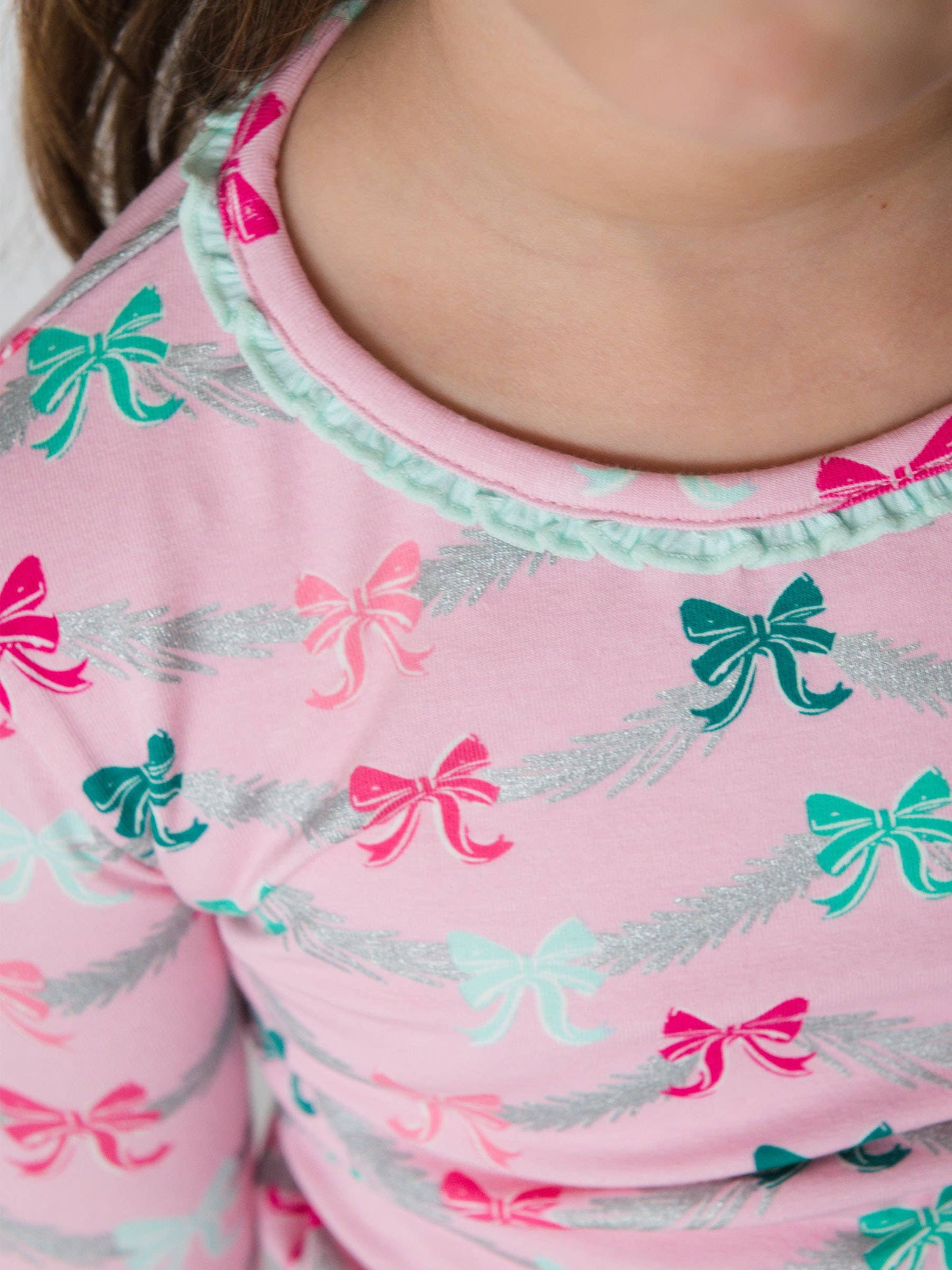 SoftSnooze™ Girls Cotton Modal Sparkle Pink Tinsel Tidings Ruffle Long Sleeve Pajama Set