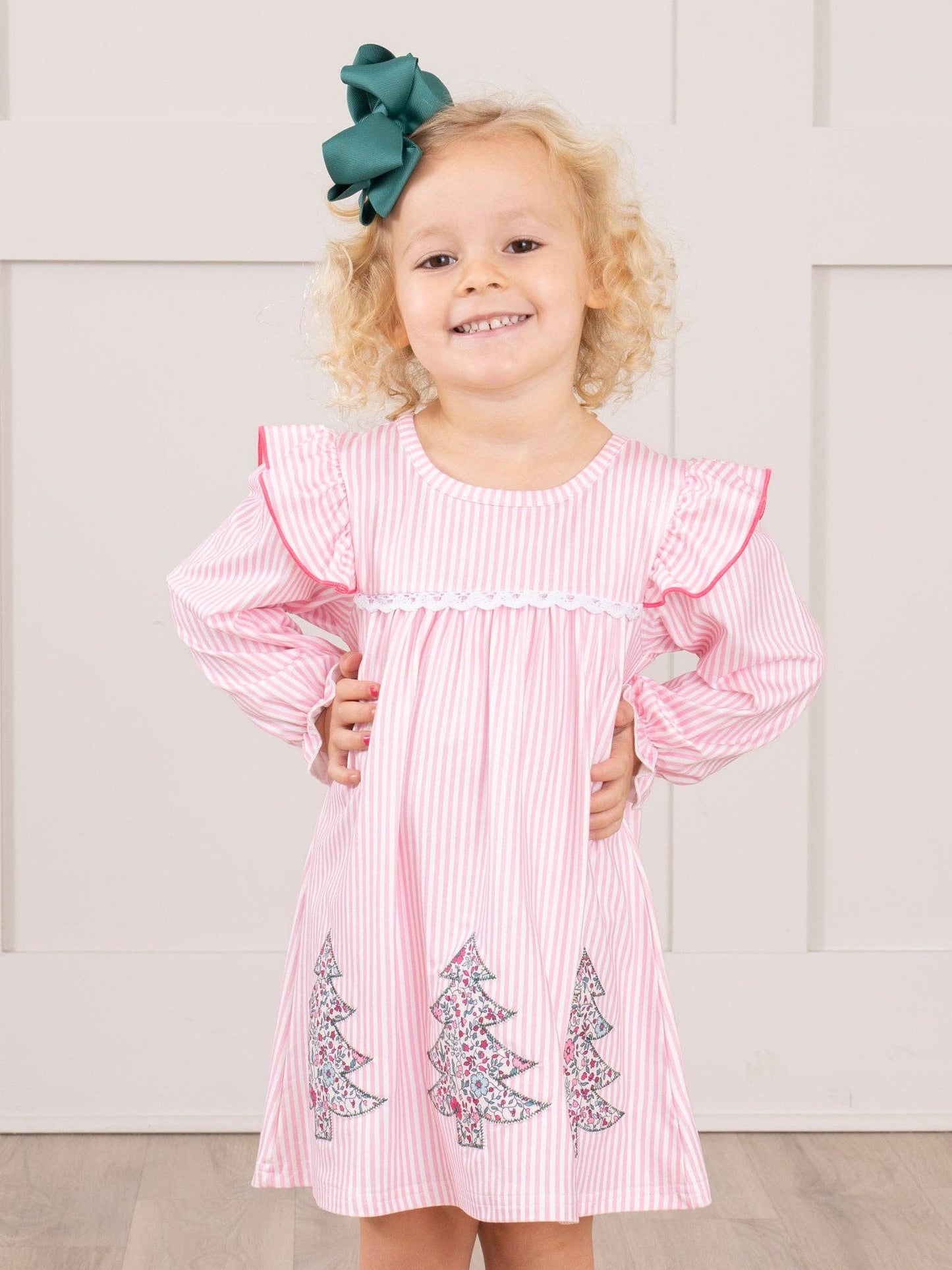 Pink Striped Embroidered Floral Trees Ruffle Dress