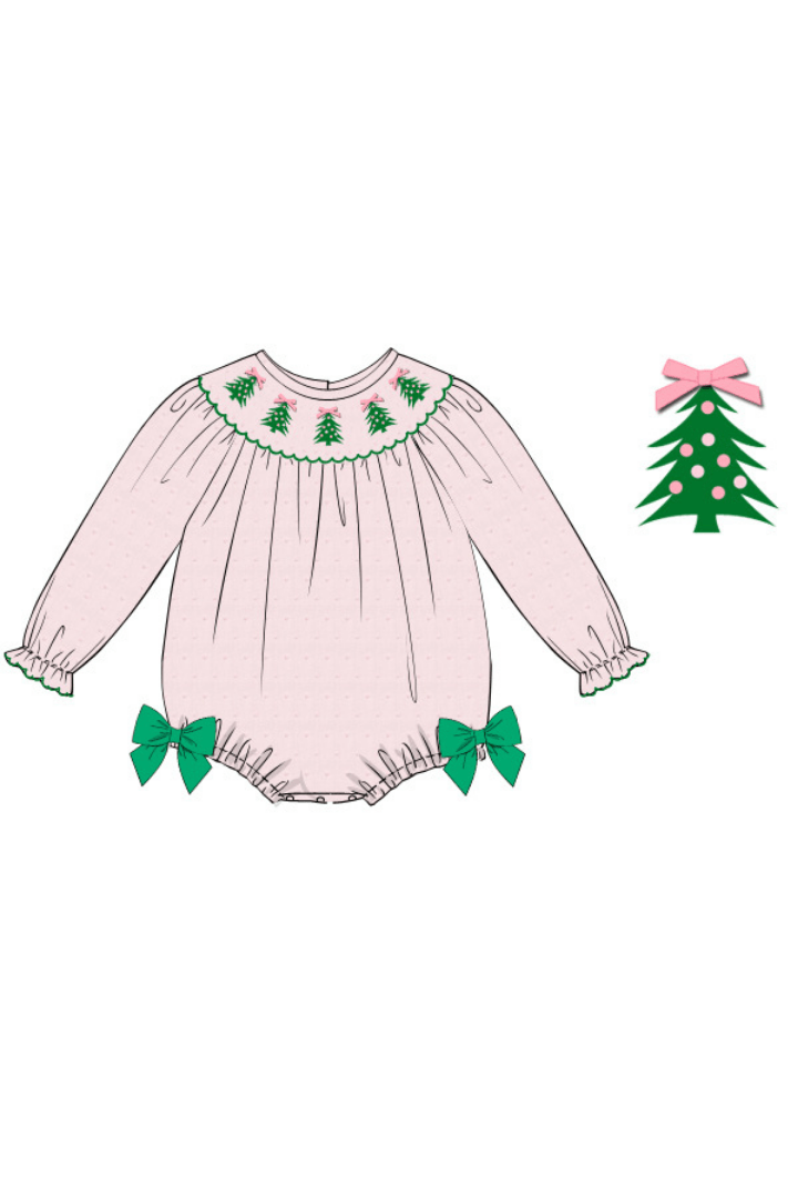 Smocked Christmas Tree Pink Swiss Dot Bubble