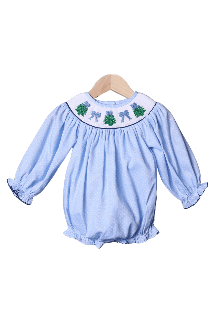 Smocked Christmas Tree Blue Polka Dot Bishop Bubble