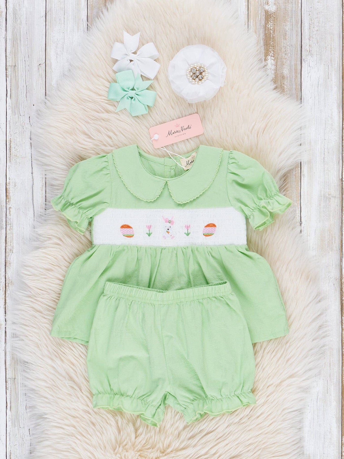 Soft Green Smocked Easter Bloomers Outfit