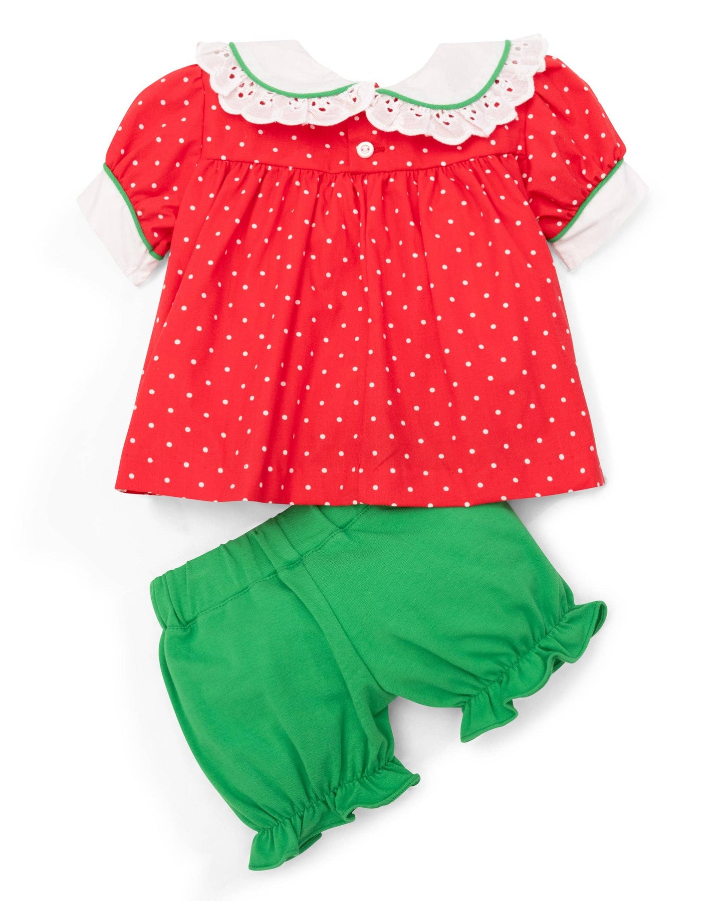 Deck the Halls Red Polka Dot A-Line Dress and Bloomer Set with Christmas Tree Embroidery