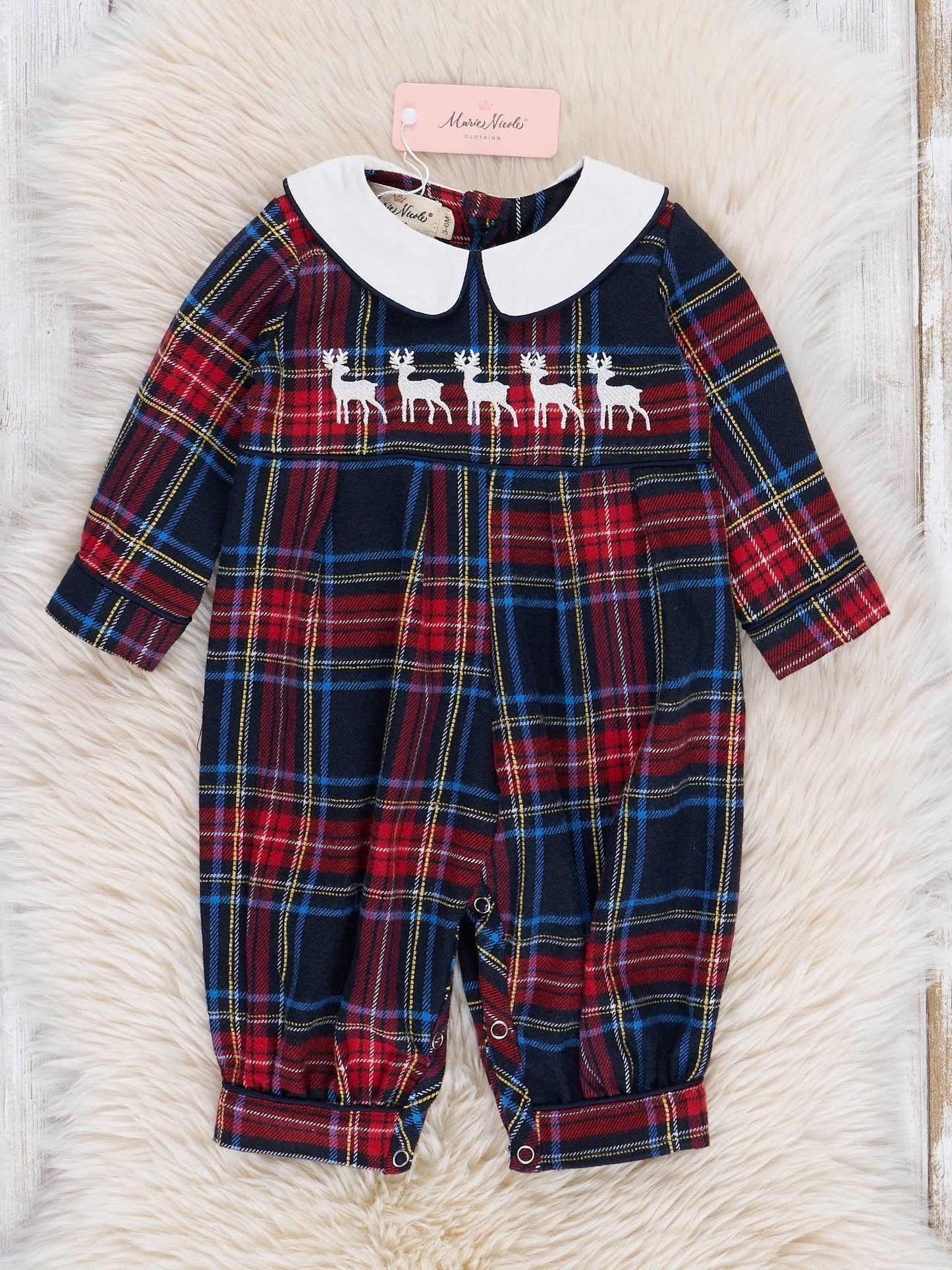 Embroidered Reindeer Plaid Romper