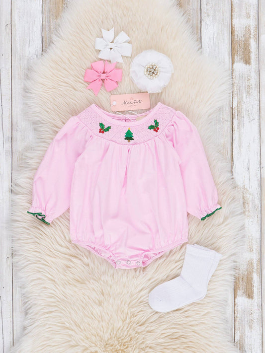 Pink Smocked Holiday Berries Cotton Bubble