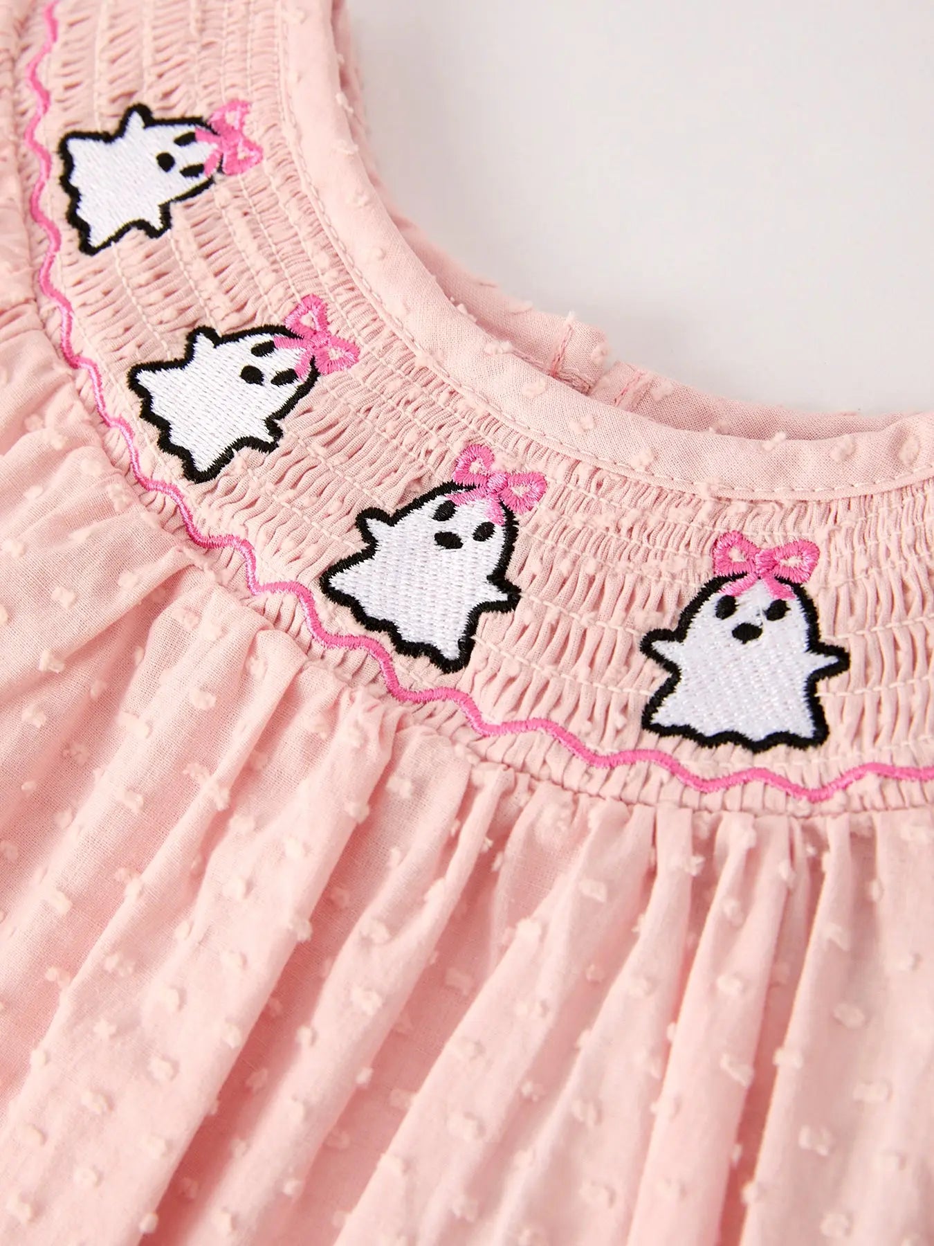 Autumn Halloween Light Pink Ghost Embroidery Smock Girl Dres