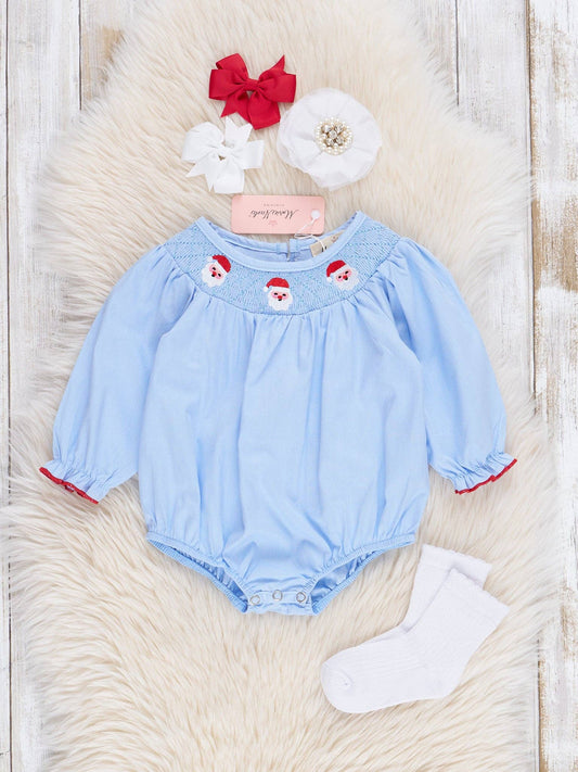 Blue Chambray Smocked Santas Ruffle Bubble