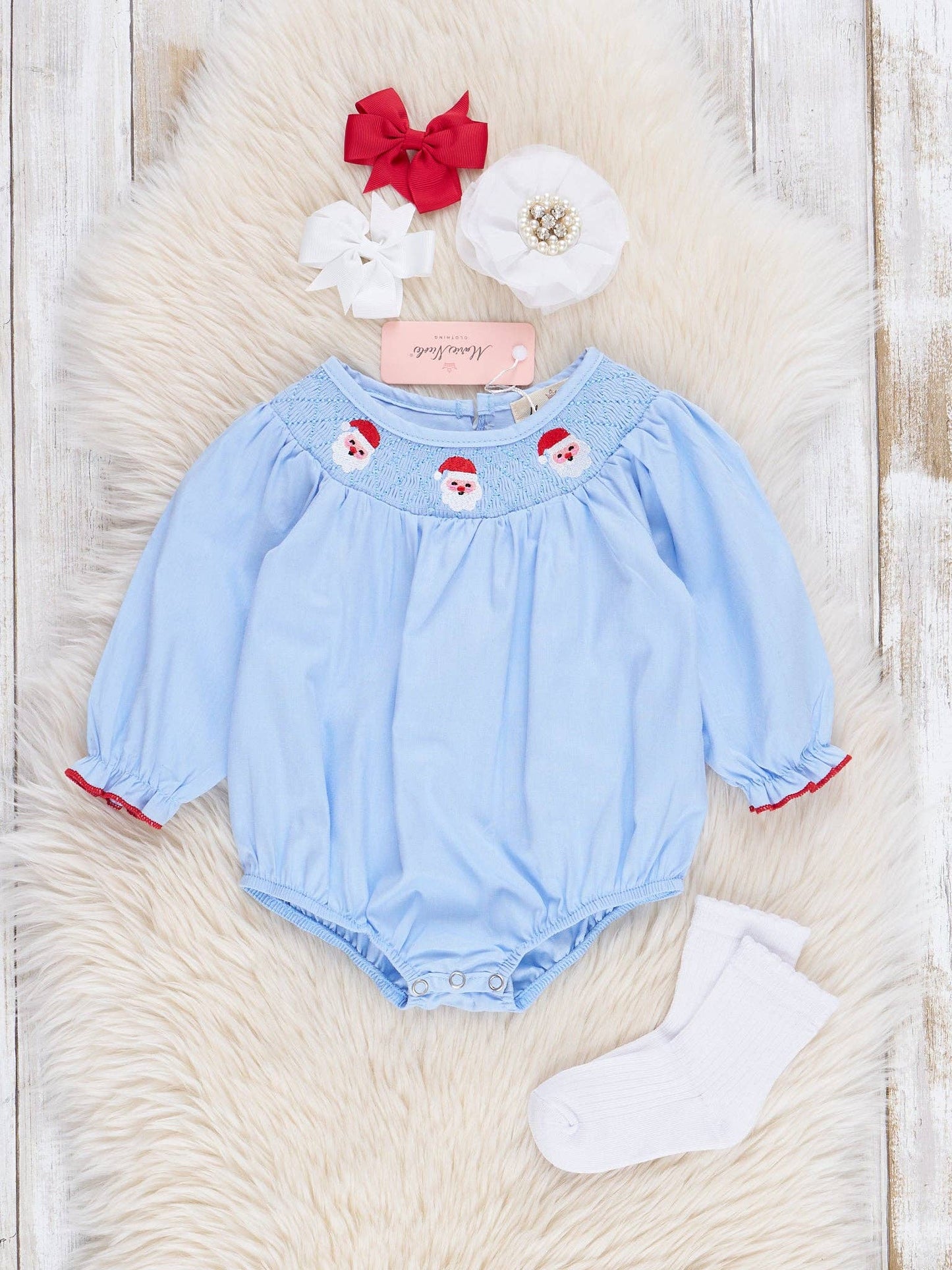 Blue Chambray Smocked Santas Ruffle Bubble