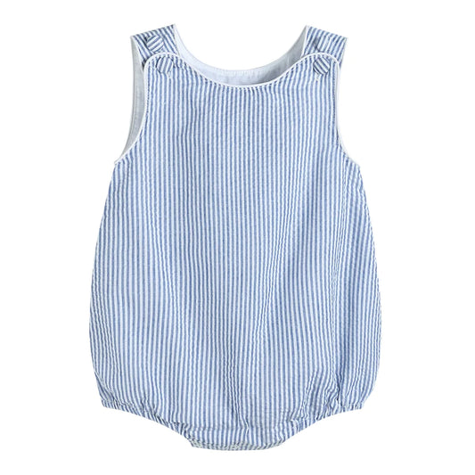 Classic Dark Blue Seersucker Baby Bubble Romper